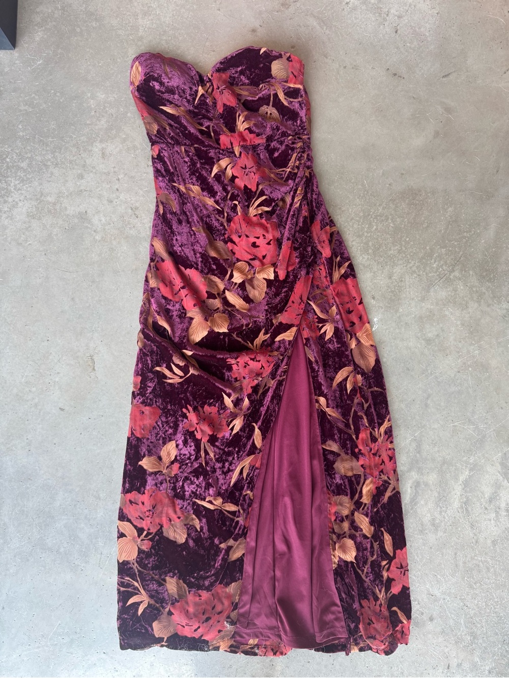 Lulu's Plum Velvet Strapless Floral Gown with Rose Accents